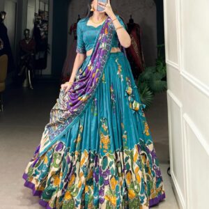 lnb1236 tussar silk foil print stylish stitch lehenga unstitch blouse with dupatta