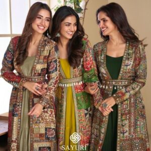 sayuri designer janvi series 5824 to 5827 georgette readymade traditional gown jackets with belt in wholesale surat