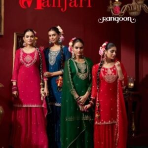manjari rangoon series 8051 to 8054 chiffon readymade stylish plazzo kurti with dupatta in wholesale surat