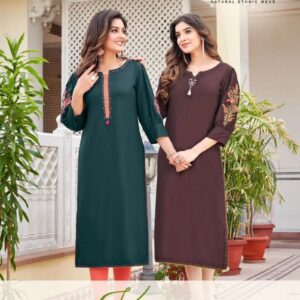 mittoo kaamiya series 1001 to 1006 popular design rayon readymade kurti in wholesale surat
