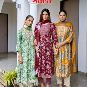 Mystic9 Sara Vol-18 series 18001 to 18008 Heavy Rayon Capsule With Foil Print Nyra Cut Kurti Pant With Dupatta in wholesale surat