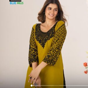 blue hills gulmarg series 1001 to 1004 black rayon readymade stylish big size short kurtis in wholesale surat