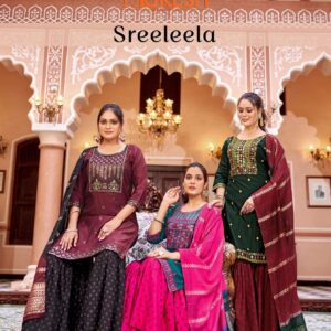 pr sree leela series 1001 to 1008 gadhwal silk readymade big size stylish sharara kurti with dupatta in wholesale surat