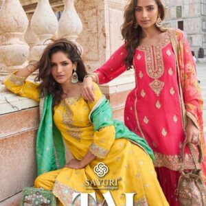 sayuri designer taj series 10032 to 10035 simar silk readymade exclusive sharara kurti dupatta in wholesale surat