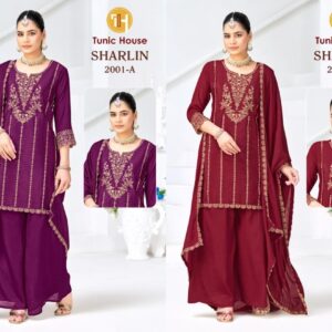 TUNIC HOUSE SHARLIN SERIES 2001 A TO 2002 B DESIGNER PLAZZO FANCY 3PCS SET COLLECTION IN WHOLESALE SURAT