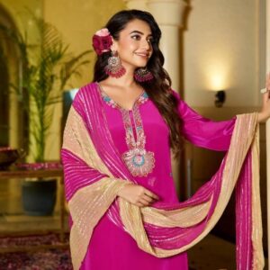 anju fab g9736 series 9735 to 9737 traditional wear fully stitch natural crape combo suit in wholesale surat