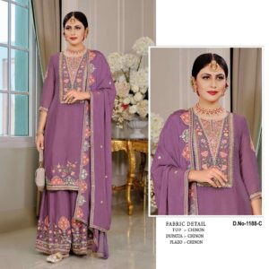 PR 9STAR FASHION CHAHAT series 1188 A to 1188 C SEMI STITCHED HEAVY CHINON WITH EMBRODEIRY WORK AND SEQUENCE WORK FANCY DESIGNER SUITS IN WHOLSALE SURAT