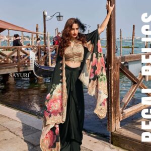 SAYURI DESIGNER FLORANCE SERIES 10105 TO 10108 PREMIUM REAL FRENCH CREP SILK JACKET WITH HAND WORK BLOUSE AND STYLIST DHOTI IN WHOLESALE SURAT