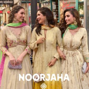 sayuri designer noorjaha series 5882 to 5884 simar silk readymade fashionable gown with dupatta in wholesale surat