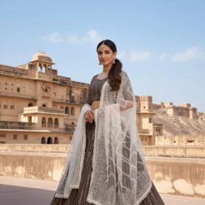 aawiya 8002 caramel georgette semi stitch lehenga unstitch choli in wholesale surat