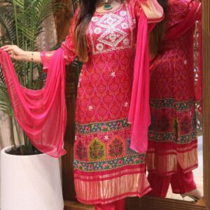 Bandhani print and rich embroidery work vibrant and festive Masleen Kurti in wholesale surat