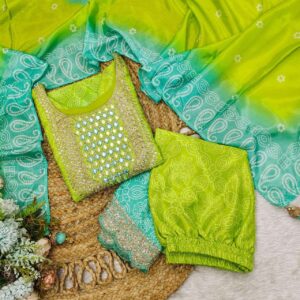 Chinon beautiful vibrant green and blue printed suit in wholesale surat