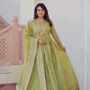 p r clothing lw 9240 gold crush embroidered readymade trendy gown with dupatta in wholesale surat