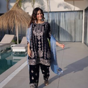ka 1228 fully stitch velvet zari embroidered work 3pcs winter dress