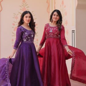 pr ka 1230 gold crush full stitch embroidery work gown with dupatta in wholesale surat